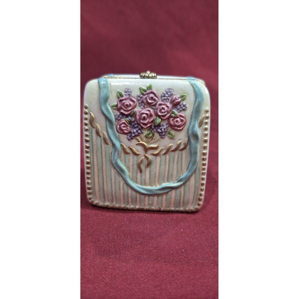 Vintage Porcelain Purse Trinket Box Hinged Floral Raised Rose Pastel Vanity 2x2